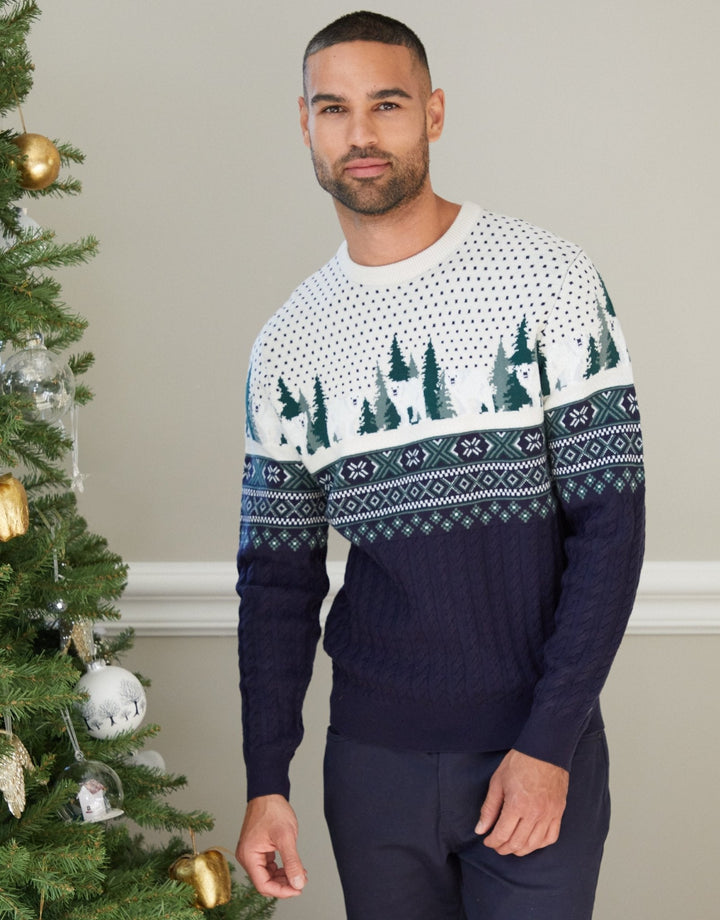 Men's Christmas Jumper Fair Isle Polar Bear Cable Knit in Navy
