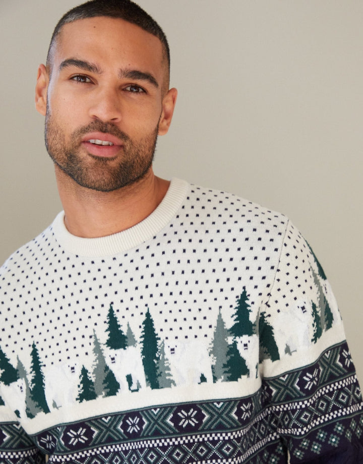 Men's Christmas Jumper Fair Isle Polar Bear Cable Knit in Navy