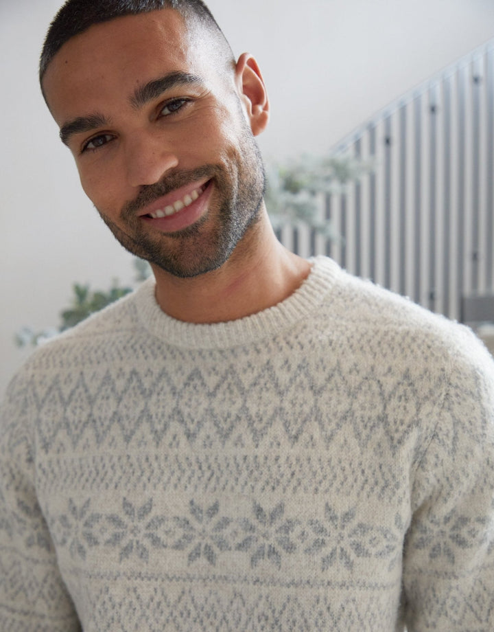 Men's Christmas Jumper Fair Isle Snowflake Crew Neck in Ecru