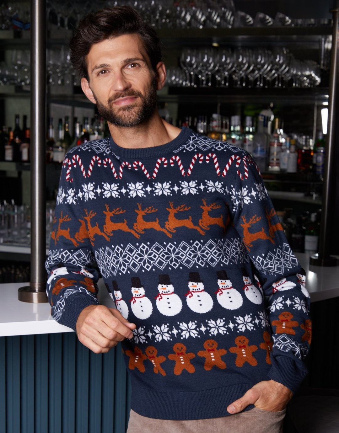 Men's Christmas Jumper Fair Isle Snowman Reindeer in Navy