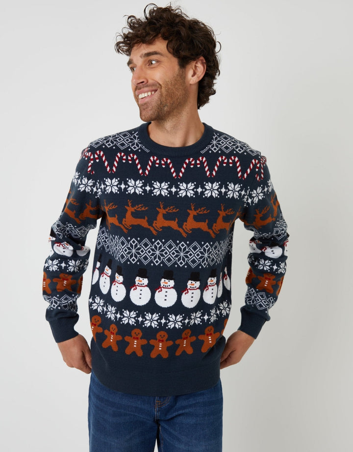 Men's Christmas Jumper Fair Isle Snowman Reindeer in Navy