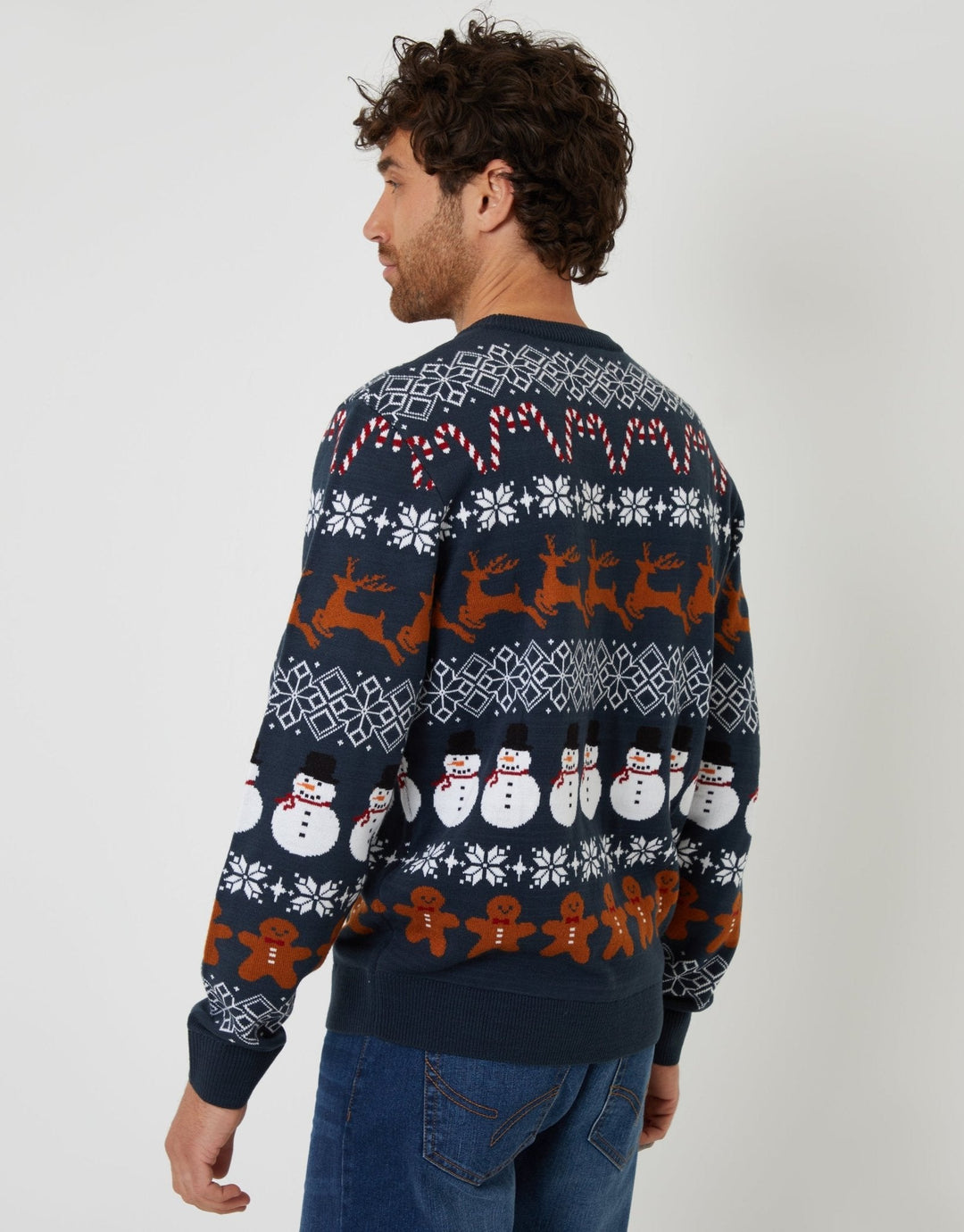 Men's Christmas Jumper Fair Isle Snowman Reindeer in Navy