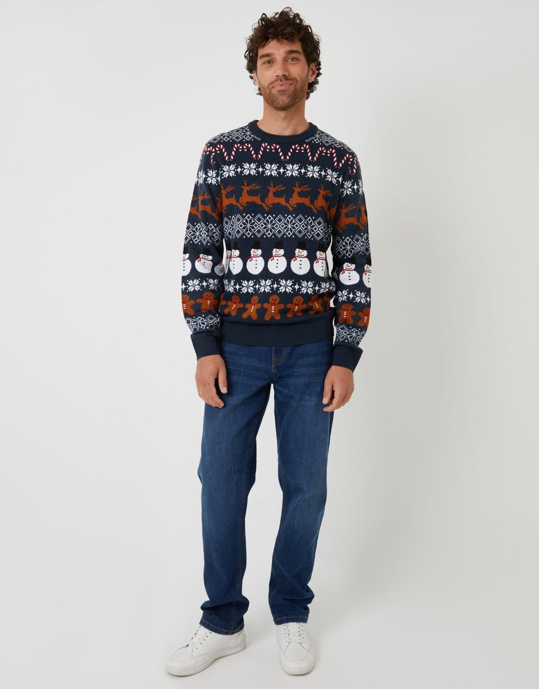 Men's Christmas Jumper Fair Isle Snowman Reindeer in Navy
