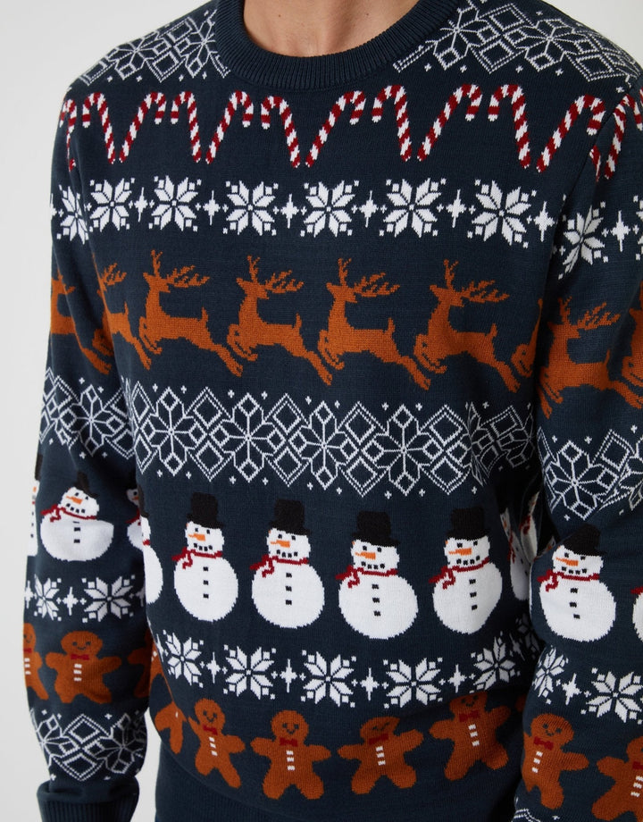 Men's Christmas Jumper Fair Isle Snowman Reindeer in Navy