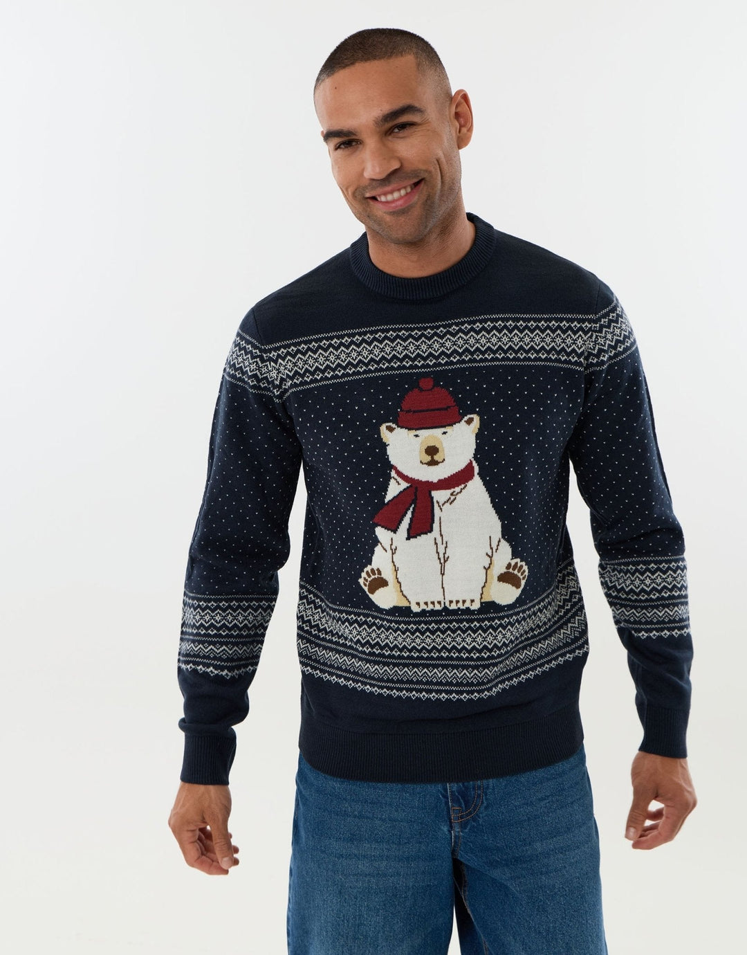 Men's Christmas Jumper Polar Bear Fair Isle Crew Neck in Navy