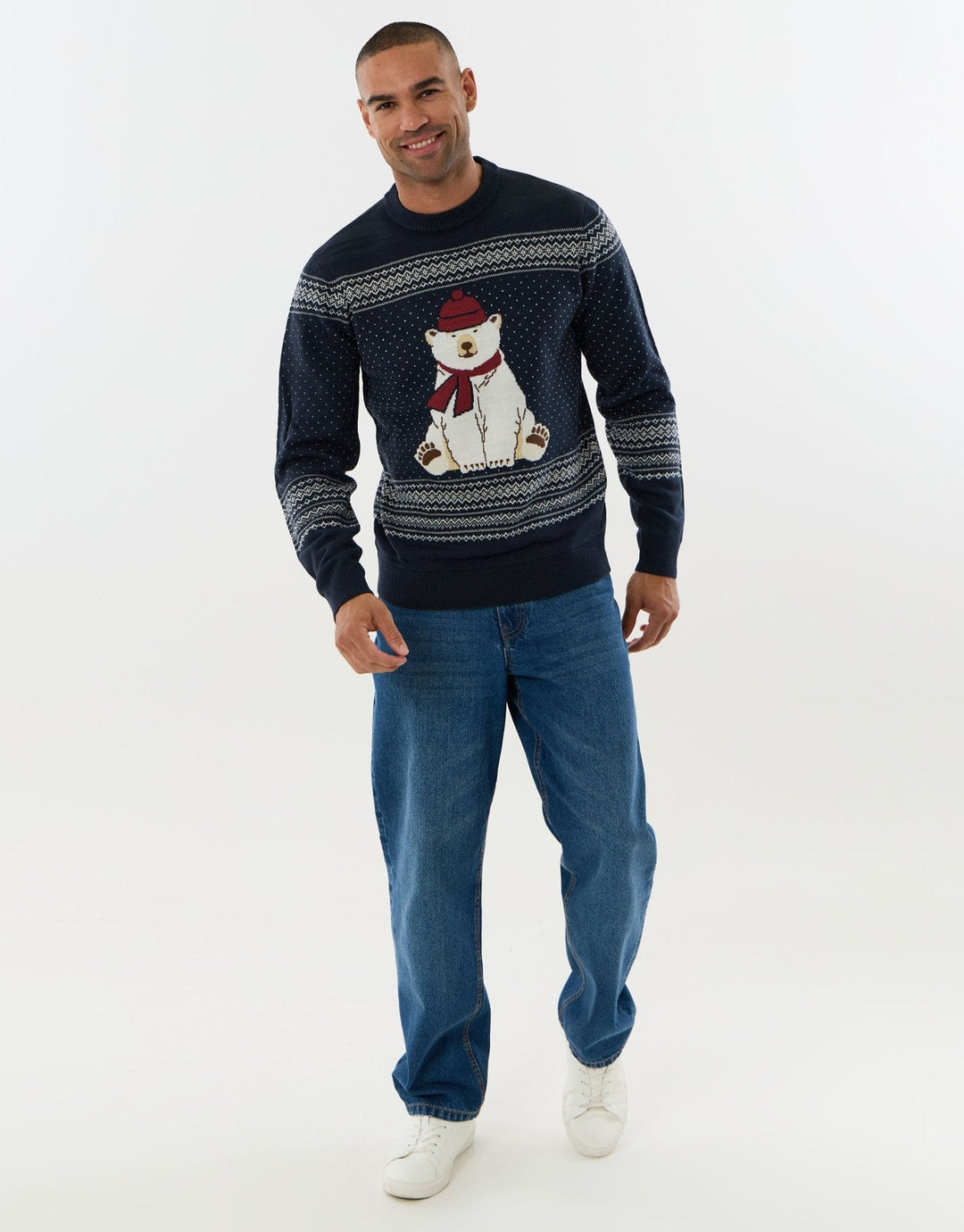 Men's Christmas Jumper Polar Bear Fair Isle Crew Neck in Navy