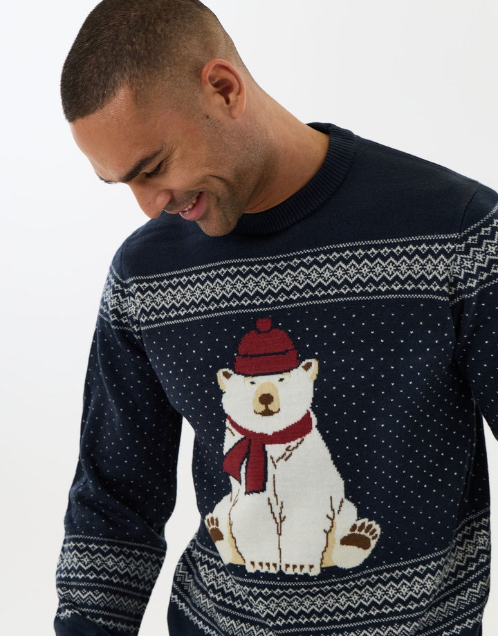 Men's Christmas Jumper Polar Bear Fair Isle Crew Neck in Navy