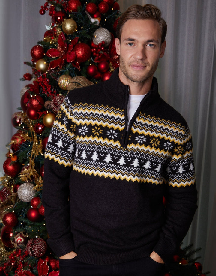 Men's Christmas Jumper Fair Isle Tree Quarter Zip in Black