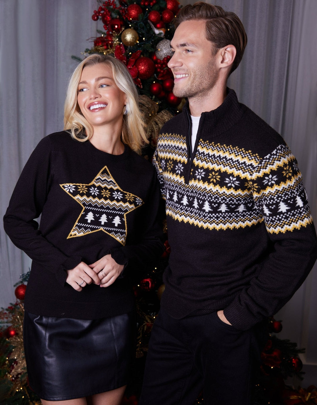Men's Christmas Jumper Fair Isle Tree Quarter Zip in Black