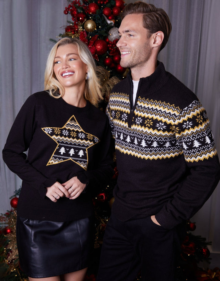 Men's Christmas Jumper Fair Isle Tree Quarter Zip in Black