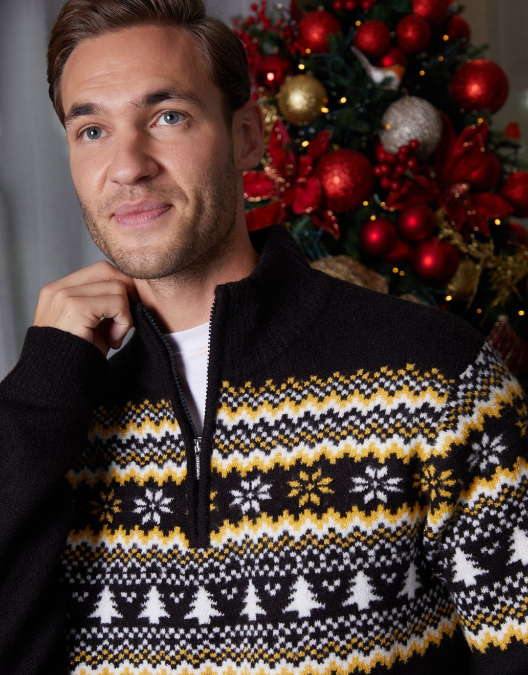 Men's Christmas Jumper Fair Isle Tree Quarter Zip in Black