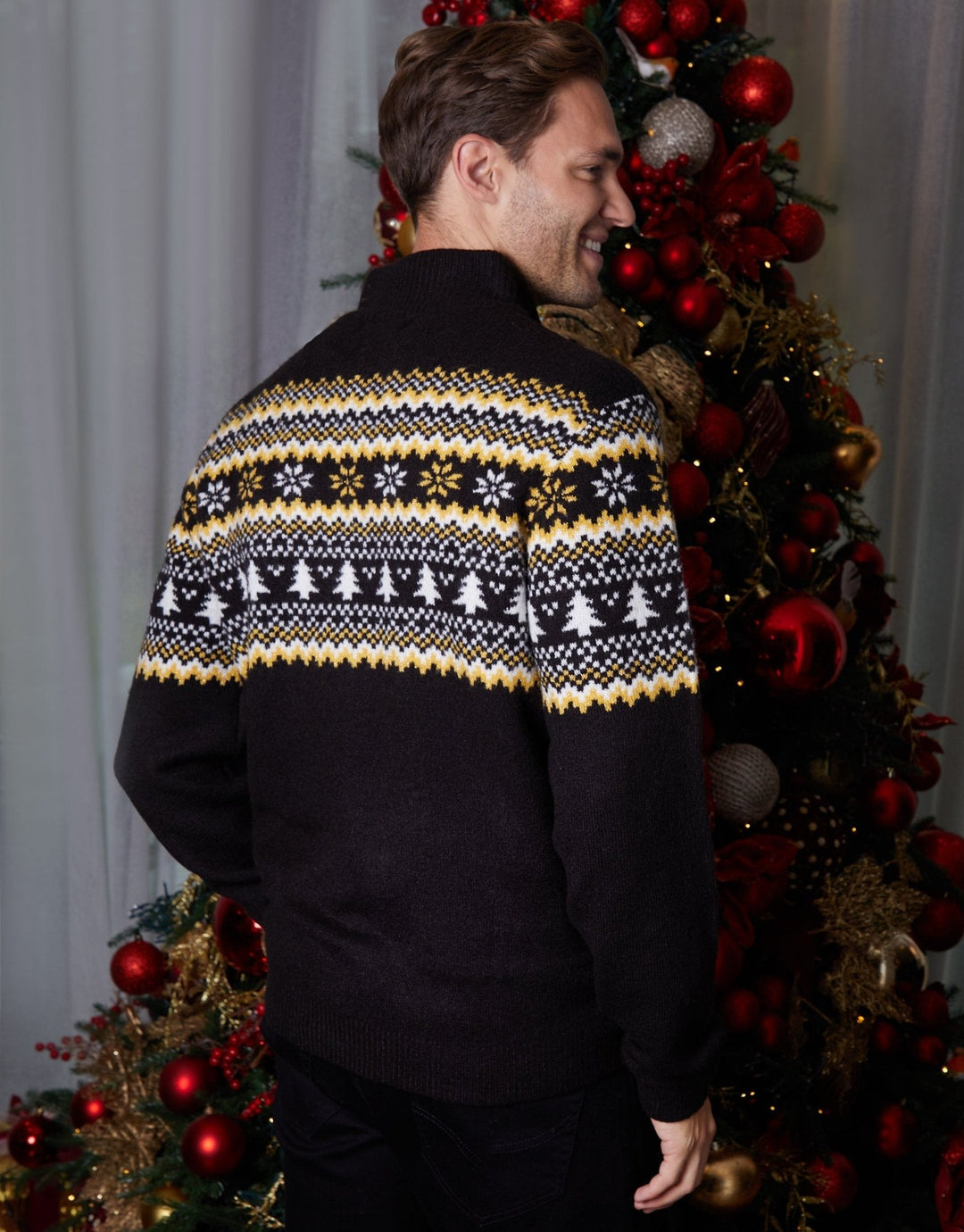 Men's Christmas Jumper Fair Isle Tree Quarter Zip in Black