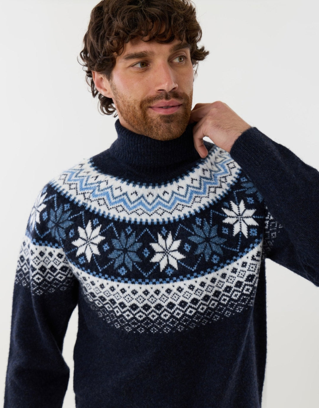 Men's Christmas Jumper Fair Isle Snowflake Roll Neck in Navy