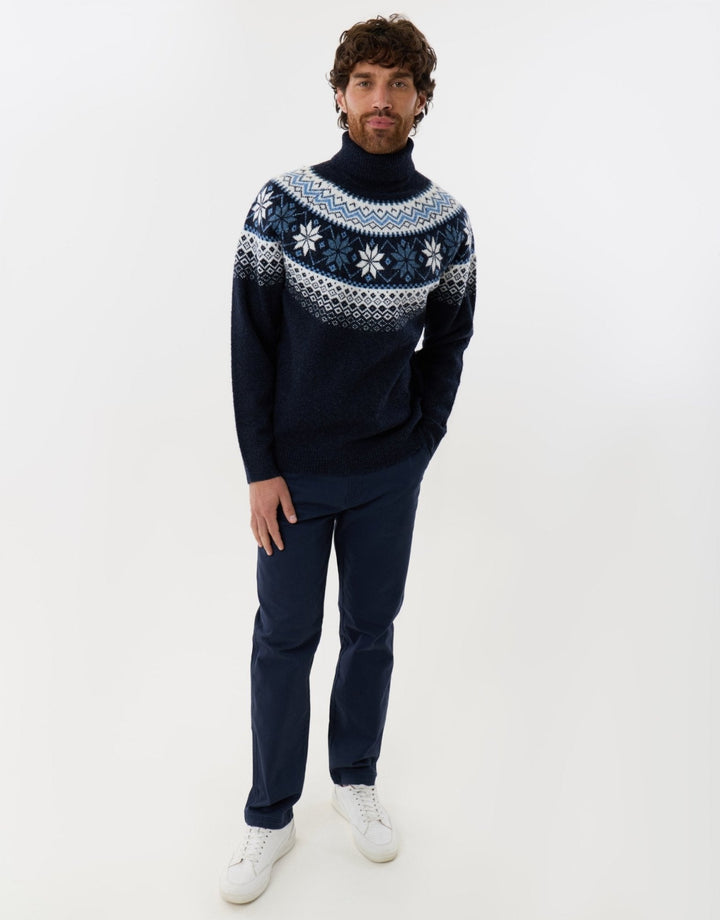 Men's Christmas Jumper Fair Isle Snowflake Roll Neck in Navy