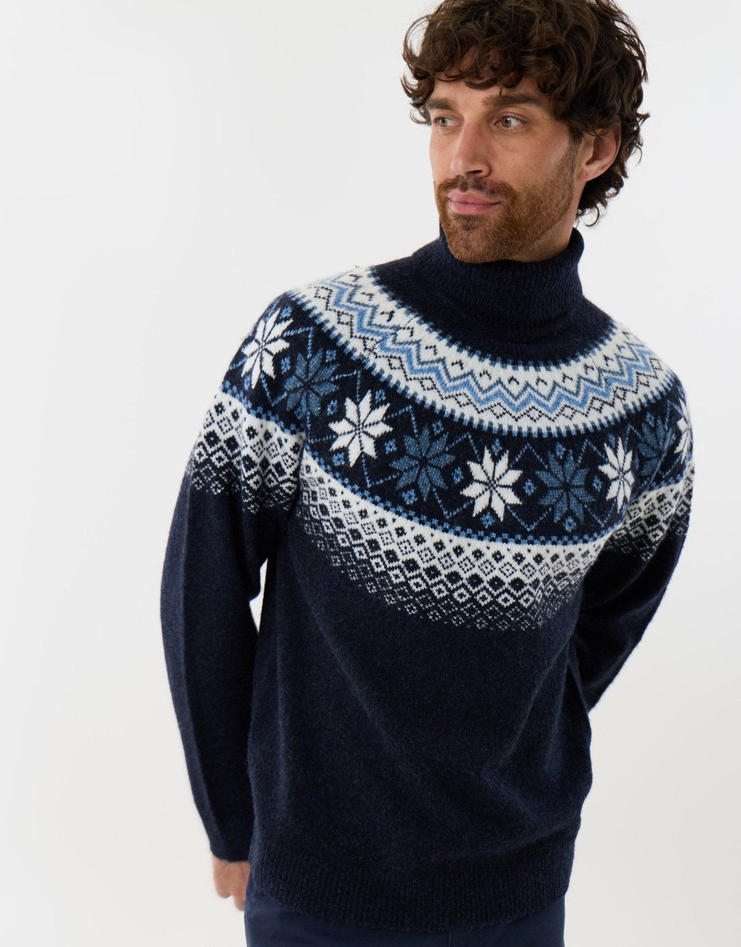 Men's Christmas Jumper Fair Isle Snowflake Roll Neck in Navy