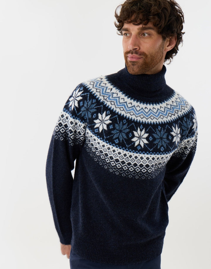 Men's Christmas Jumper Fair Isle Snowflake Roll Neck in Navy
