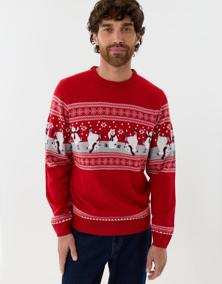 Men's Christmas Jumper Fair Isle Skating Polar Bear in Red