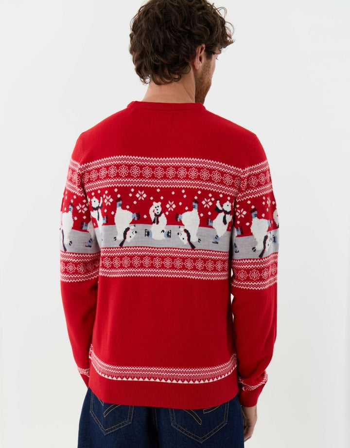 Men's Christmas Jumper Fair Isle Skating Polar Bear in Red