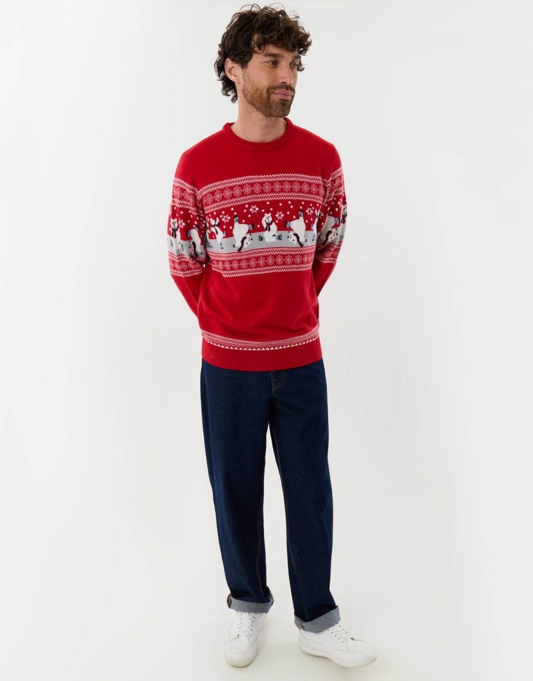 Men's Christmas Jumper Fair Isle Skating Polar Bear in Red
