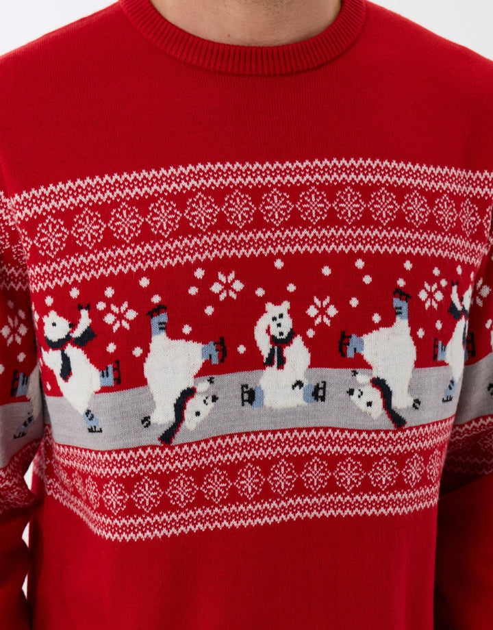 Men's Christmas Jumper Fair Isle Skating Polar Bear in Red