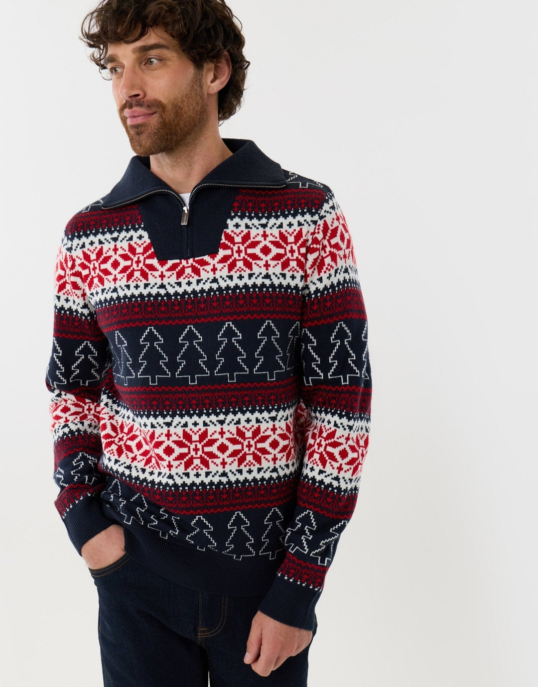 Men's Christmas Jumper Fair Isle Snowflake Tree Quarter Zip