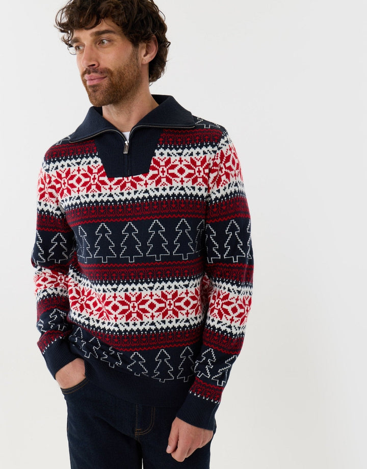 Men's Christmas Jumper Fair Isle Snowflake Tree Quarter Zip