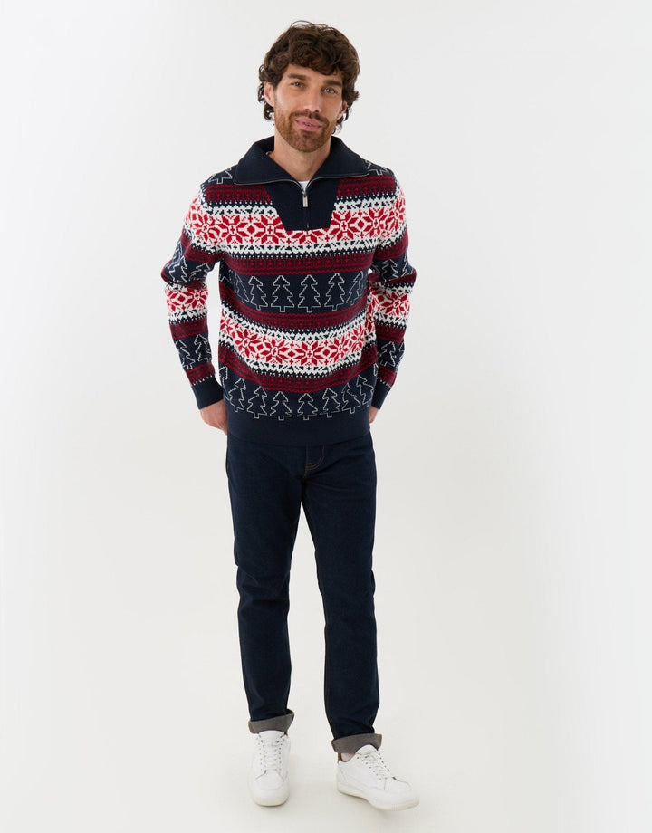 Men's Christmas Jumper Fair Isle Snowflake Tree Quarter Zip