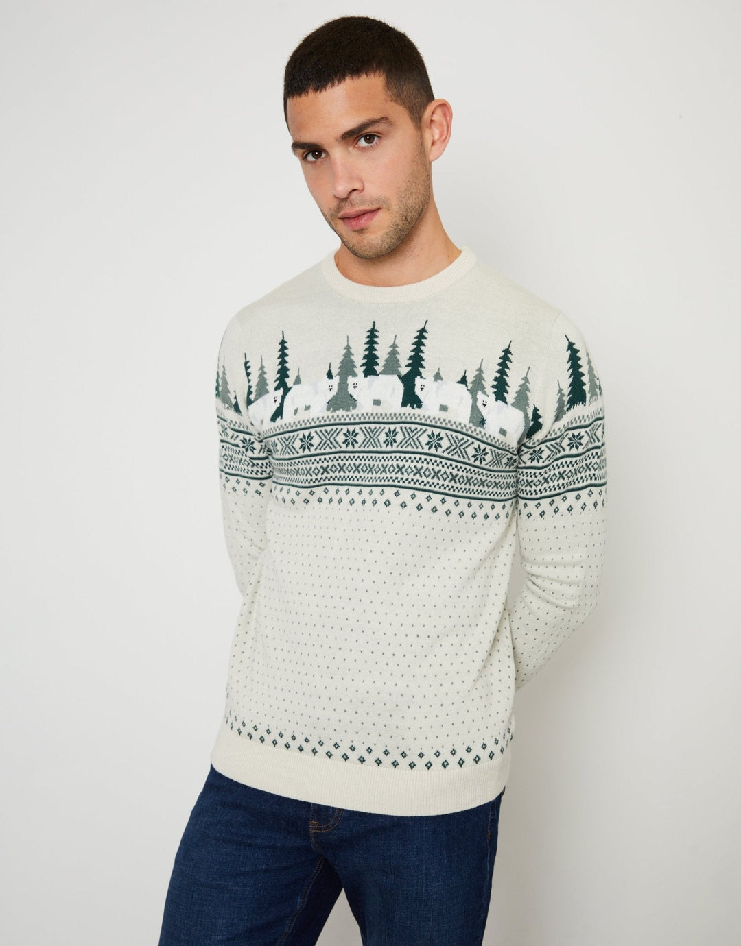 Men's Christmas Jumper Fair Isle Snowy Village in Stone