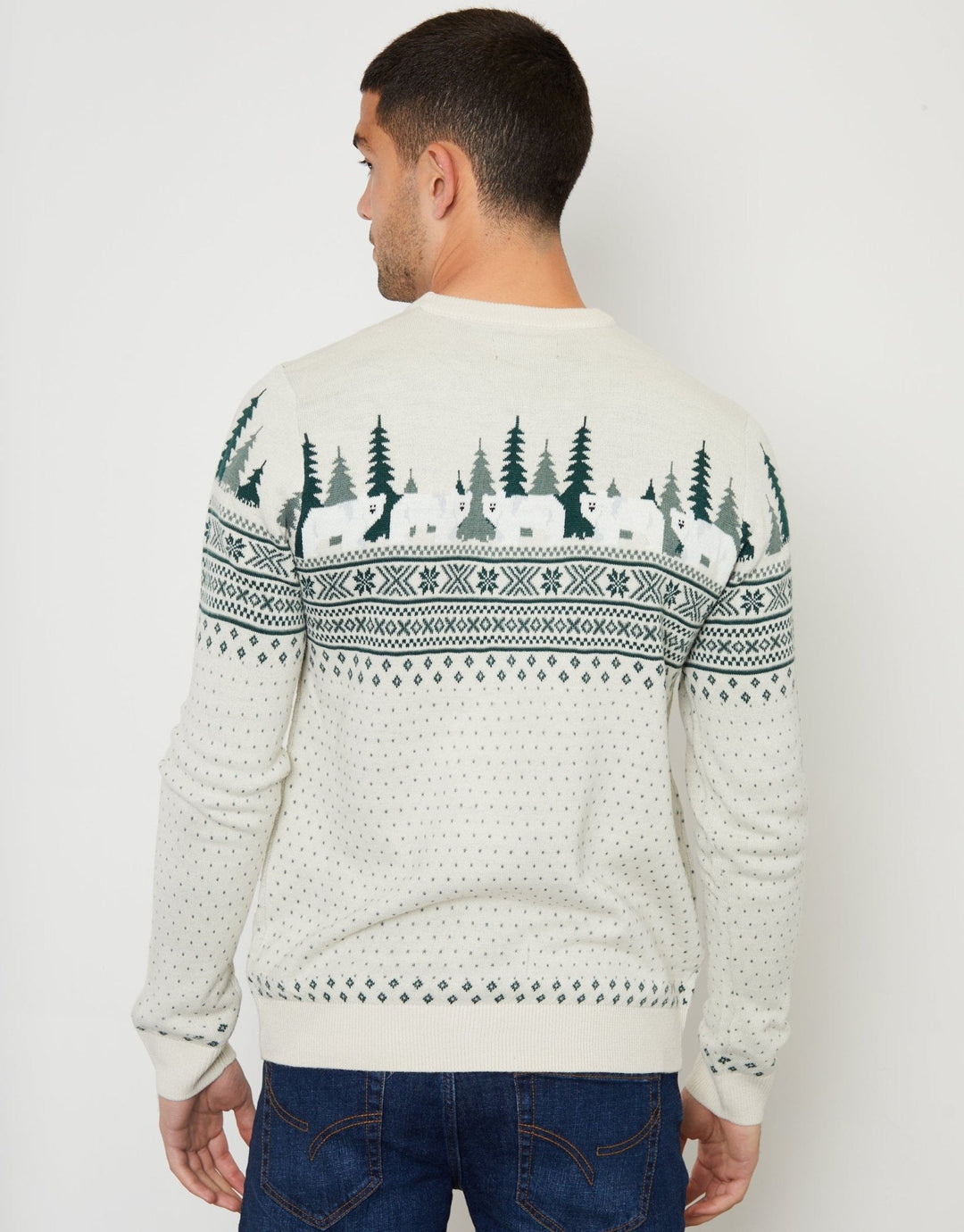 Men's Christmas Jumper Fair Isle Snowy Village in Stone