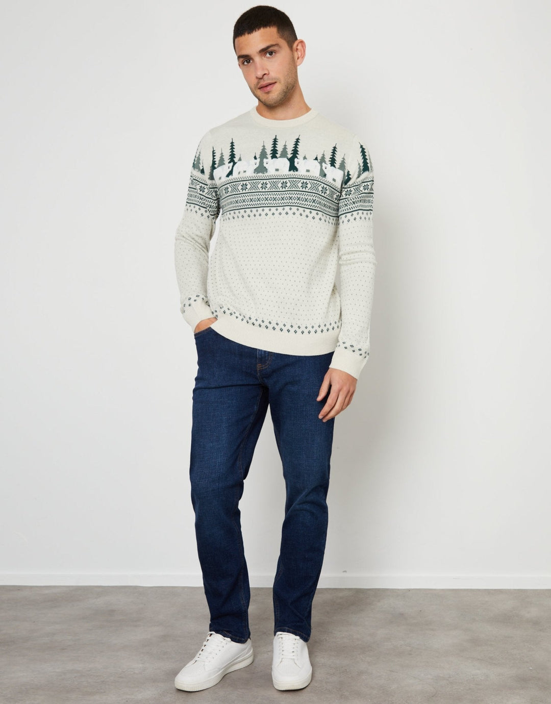 Men's Christmas Jumper Fair Isle Snowy Village in Stone