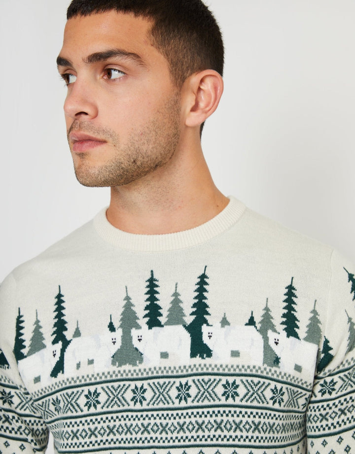 Men's Christmas Jumper Fair Isle Snowy Village in Stone