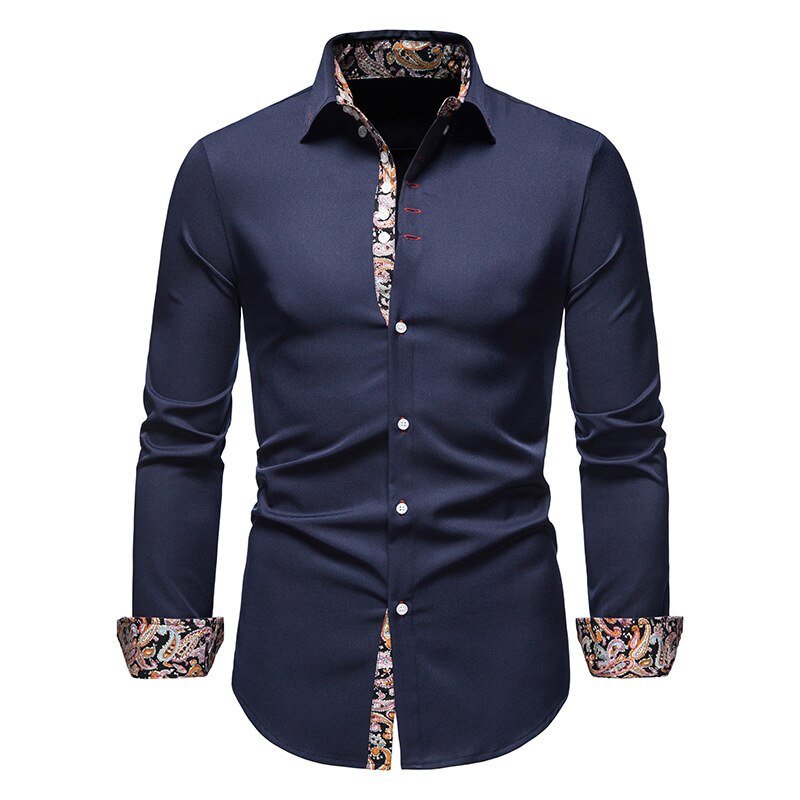Men's Long-Sleeve Button-Up Shirt with Patterned Inner Panels