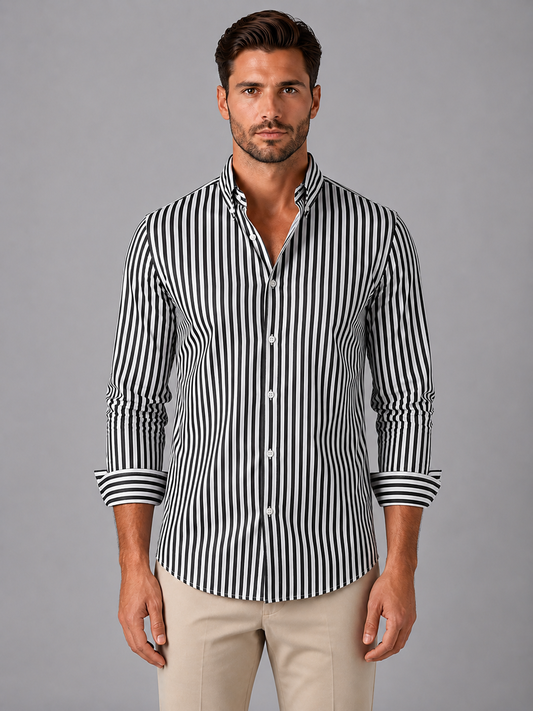 Men's Long-Sleeve Striped Button-Up Shirt