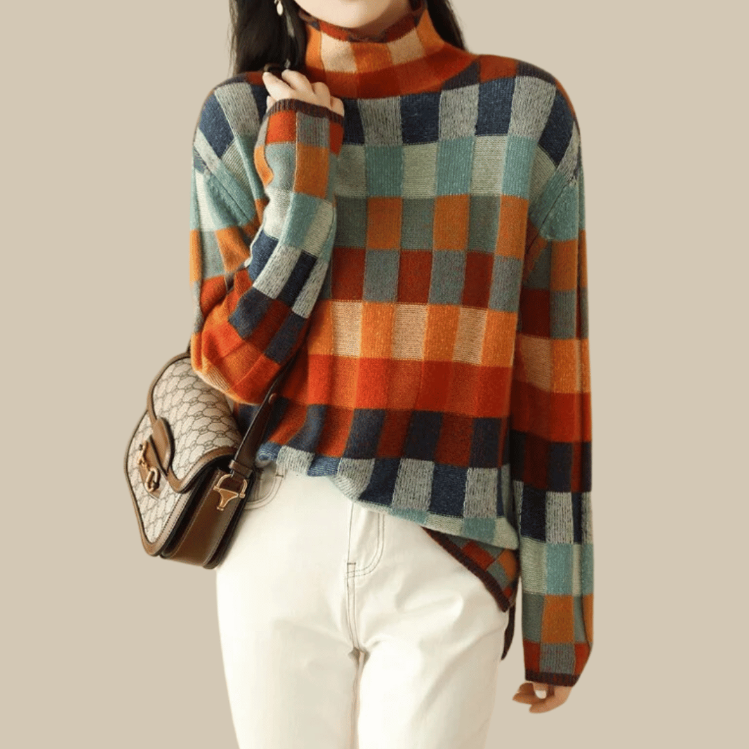 Women’s Patchwork Check Turtleneck Jumper