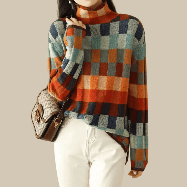 Women’s Patchwork Check Turtleneck Jumper