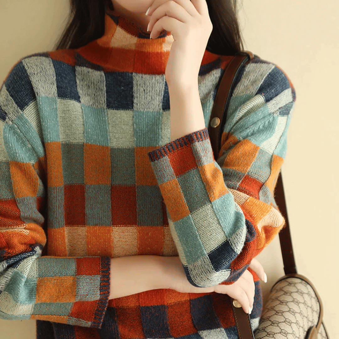 Women’s Patchwork Check Turtleneck Jumper