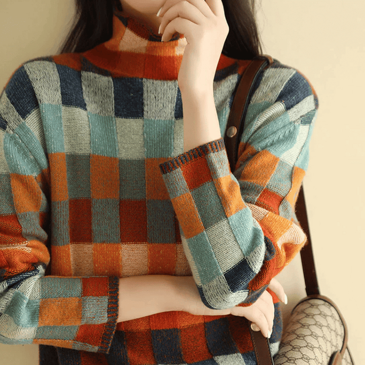 Women’s Patchwork Check Turtleneck Jumper