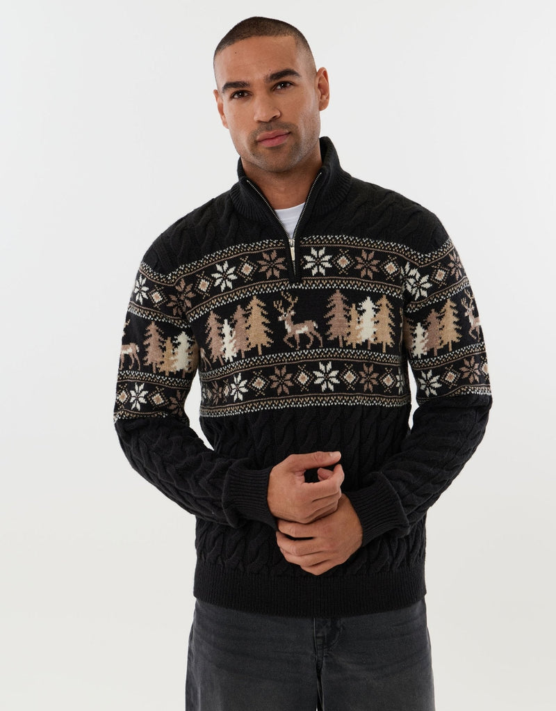Men's Christmas Jumper Fair Isle Reindeer Cable Quarter Zip