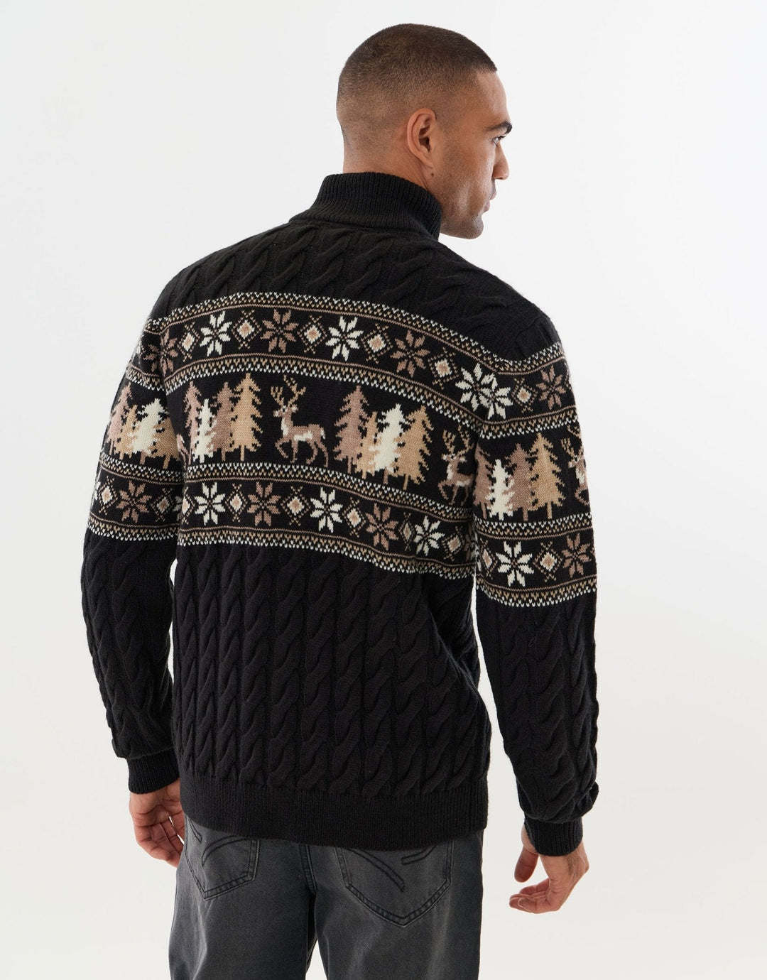 Men's Christmas Jumper Fair Isle Reindeer Cable Quarter Zip