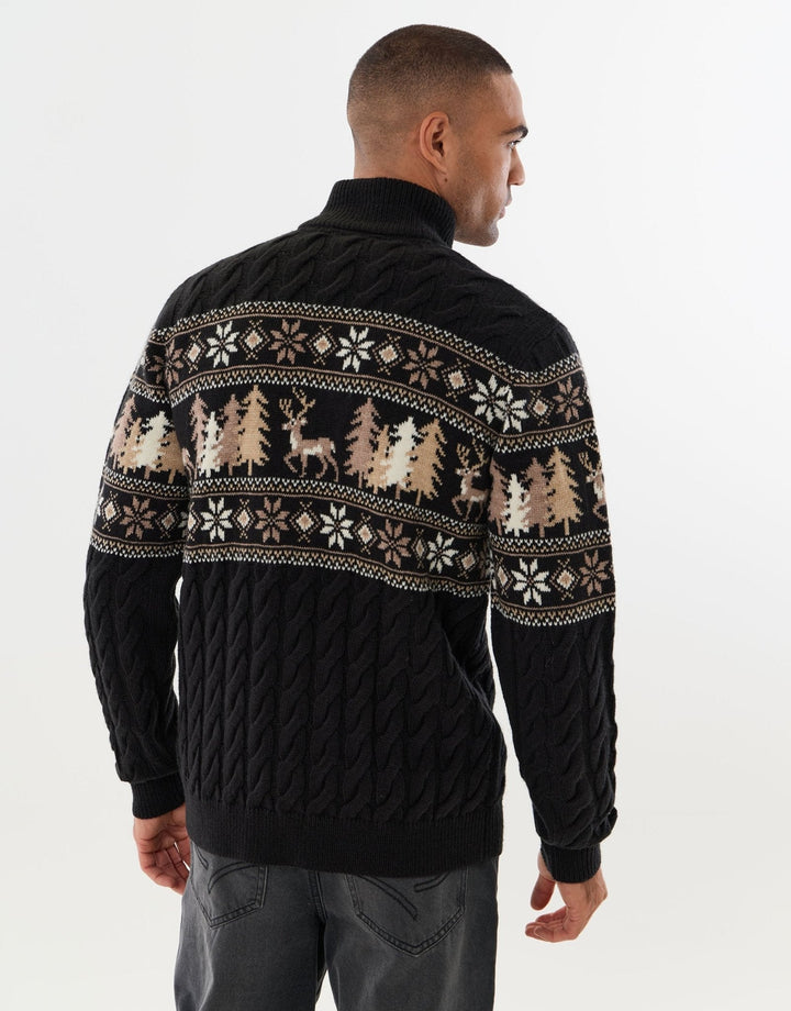 Men's Christmas Jumper Fair Isle Reindeer Cable Quarter Zip