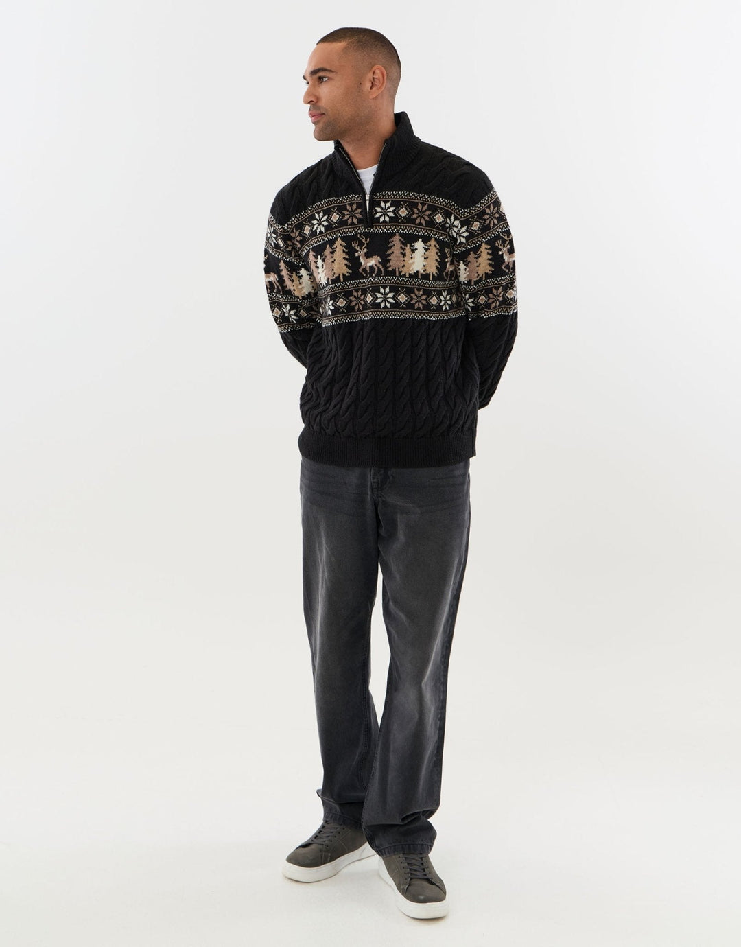Men's Christmas Jumper Fair Isle Reindeer Cable Quarter Zip