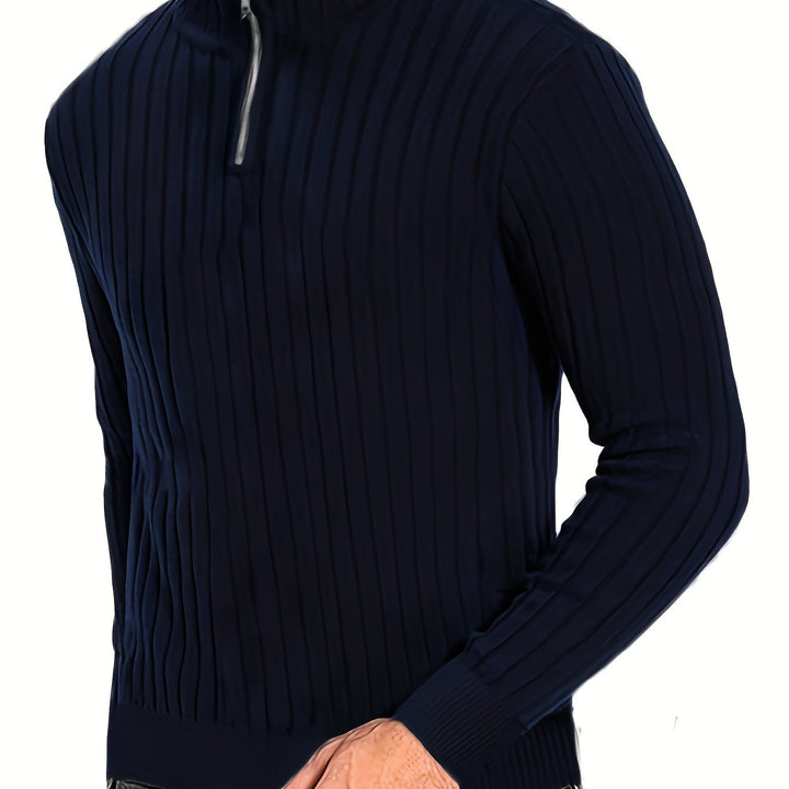 Men's Quarter-Zip Ribbed Jumper with Stand Collar