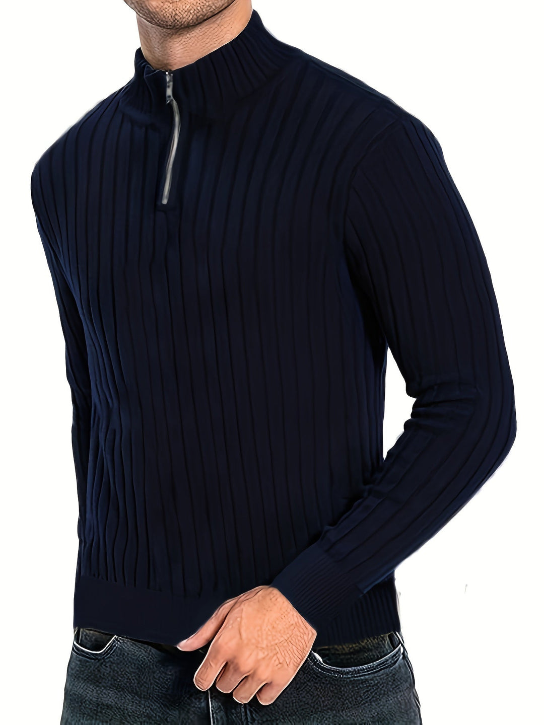 Men's Quarter-Zip Ribbed Jumper with Stand Collar