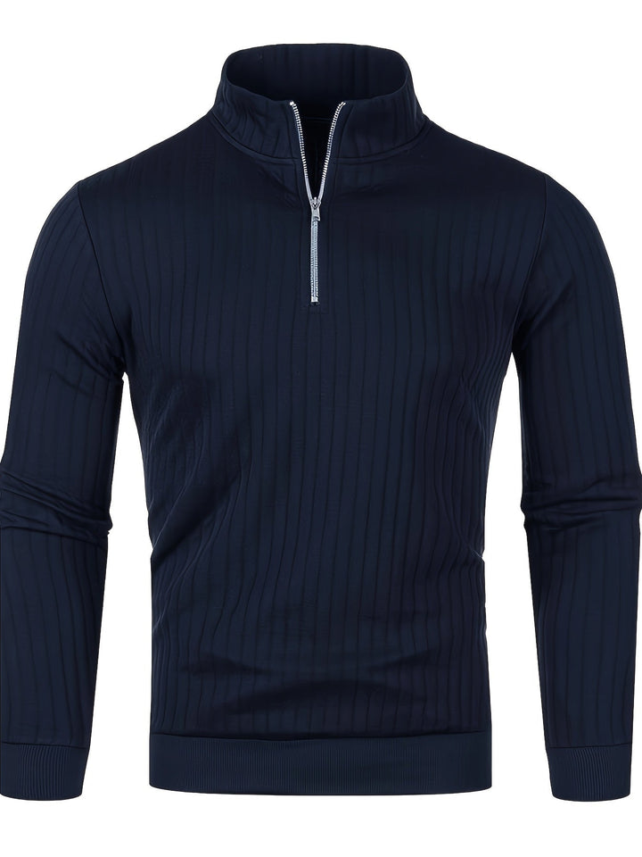 Men's Quarter-Zip Ribbed Jumper with Stand Collar