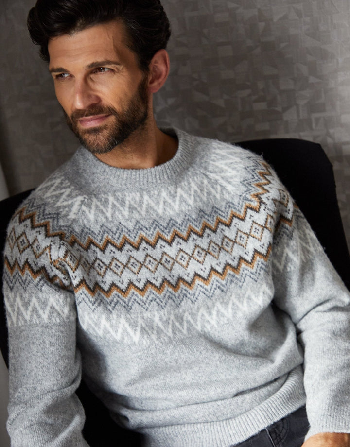 Men's Christmas Jumper Fair Isle Yoke Crew Neck in Grey