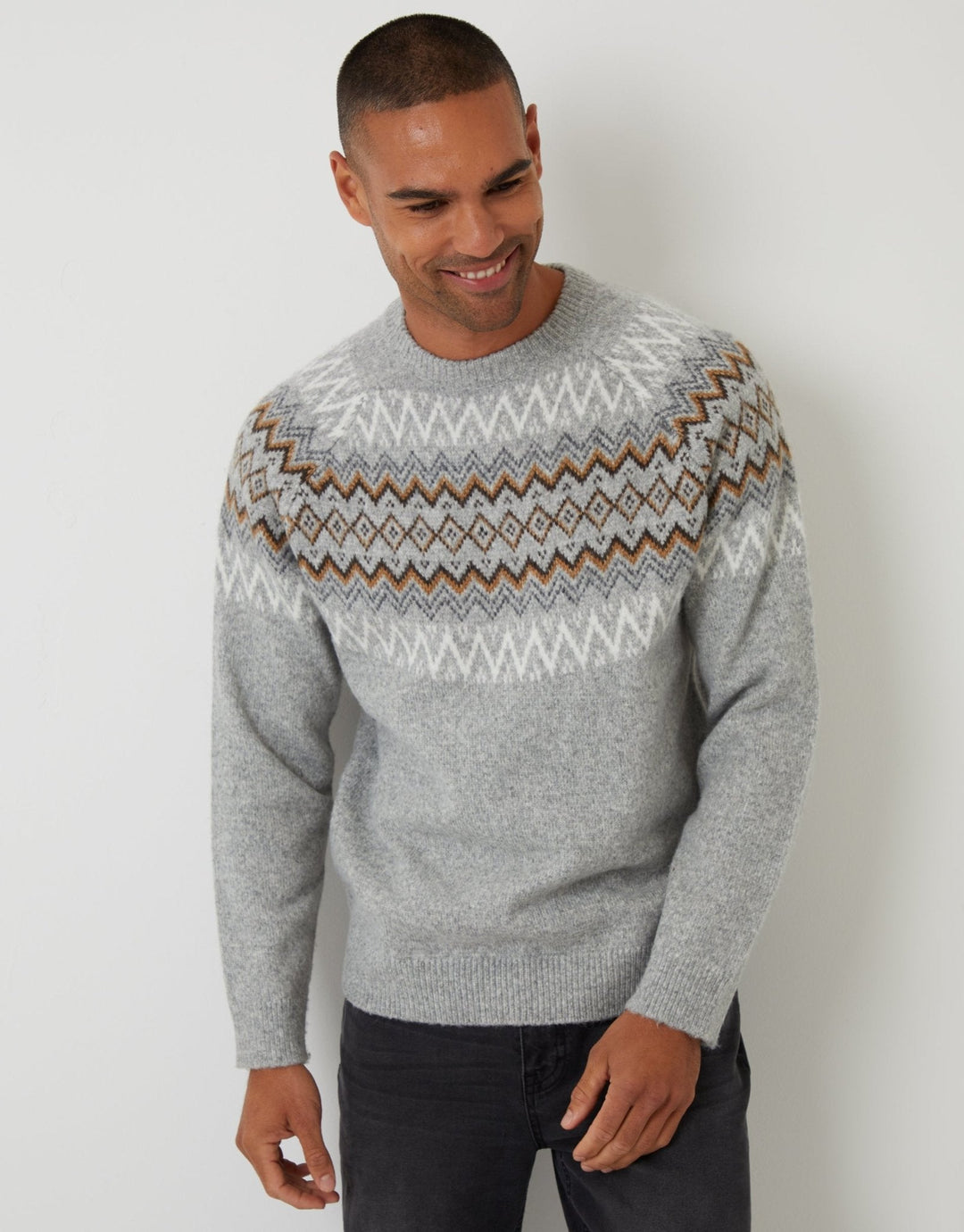 Men's Christmas Jumper Fair Isle Yoke Crew Neck in Grey