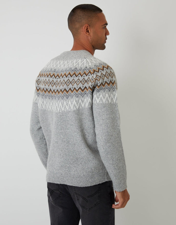 Men's Christmas Jumper Fair Isle Yoke Crew Neck in Grey