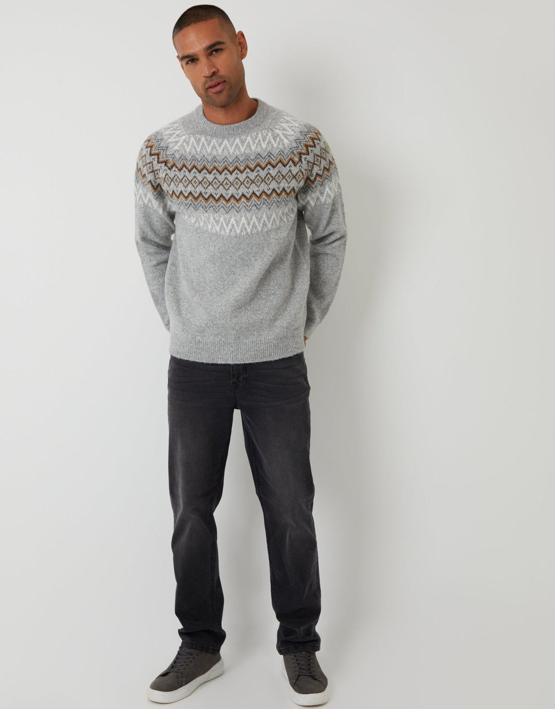 Men's Christmas Jumper Fair Isle Yoke Crew Neck in Grey