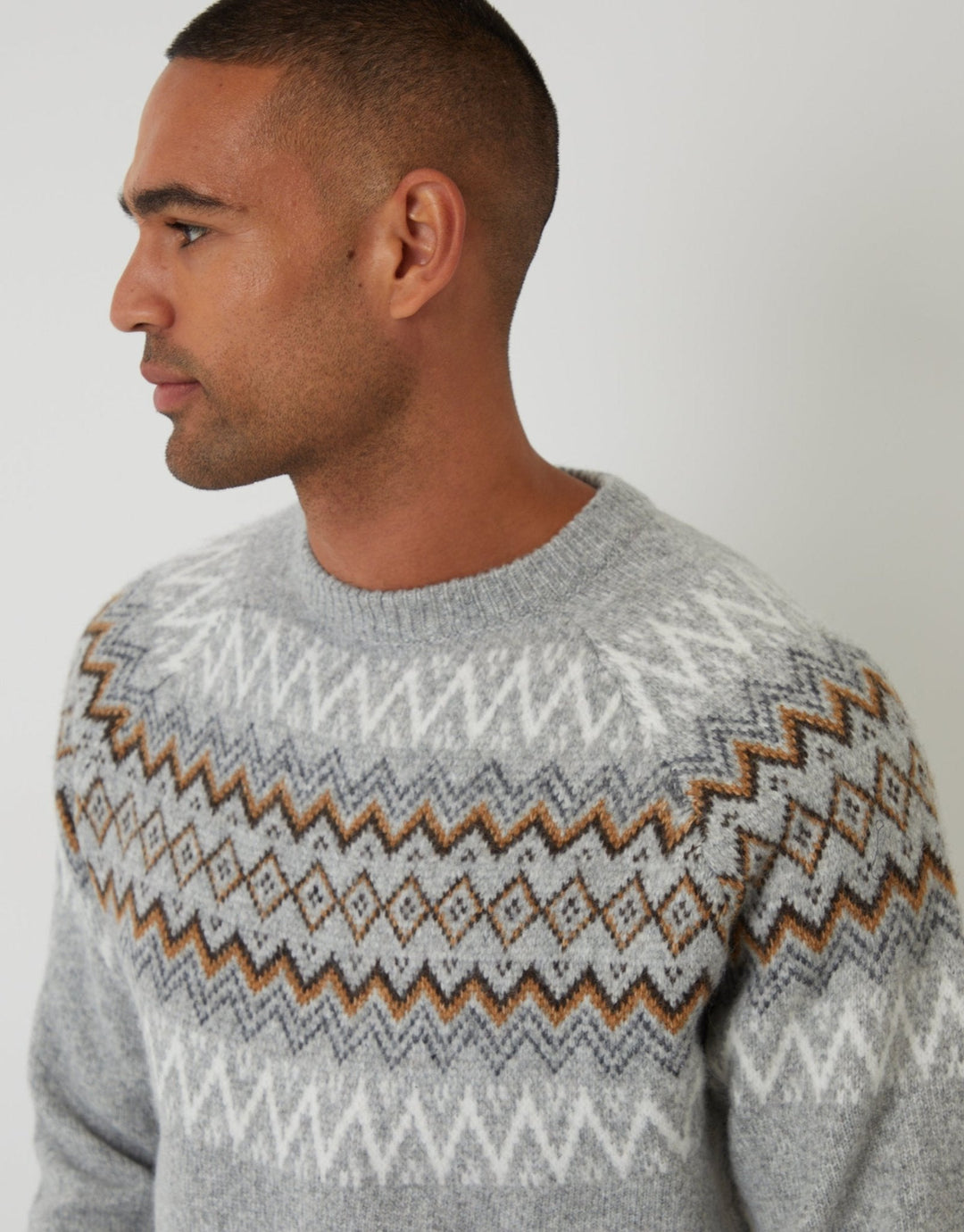 Men's Christmas Jumper Fair Isle Yoke Crew Neck in Grey