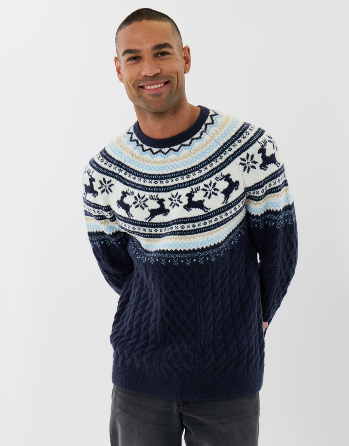 Men's Christmas Jumper Fair Isle Reindeer Yoke Cable Knit in Navy